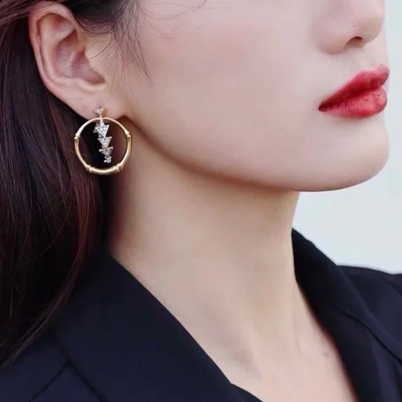 ALEXIS BITTAR • Gold & Silver Bamboo Crystal Double Hoop Orbiting Post Earrings - Picture 9 of 10